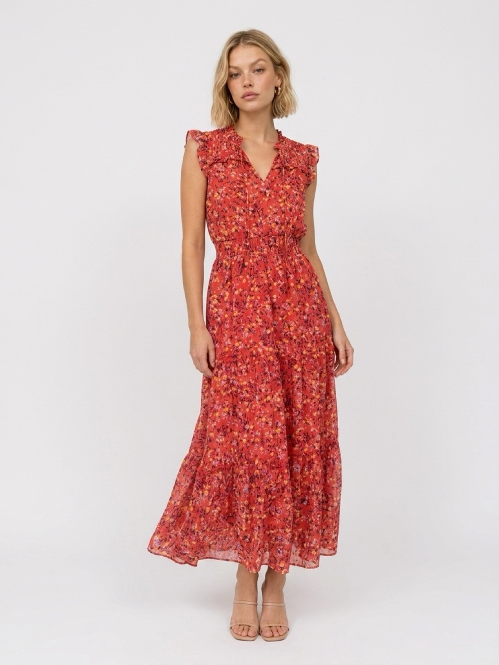 JESSICA SIMPSON Katie Red Floral Maxi Dress XS Tiered Ruffle Boho